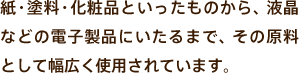 紙・塗料・化粧品といったものから、液晶などの電子製品にいたるまで、その原料として幅広く使用されています。