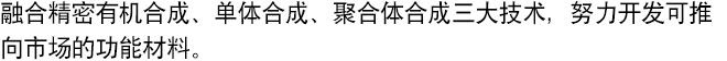 融合精密有机合成、单体合成、聚合体合成三大技术，努力开发可推向市场的功能材料。