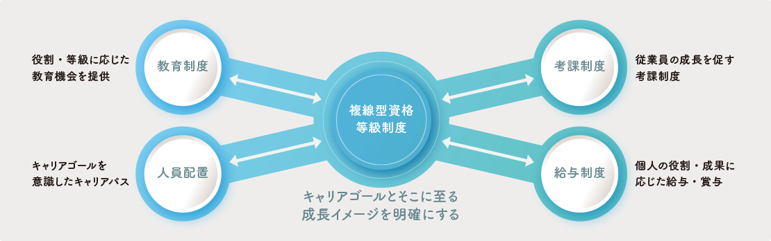 教育制度、人員配置、給与制度、考課制度などの複線型資格等級制度